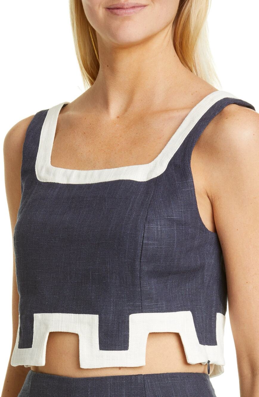 Staud Navy Blue White Scalloped Linen Blend Bert Cropped Top Sleeveless Large